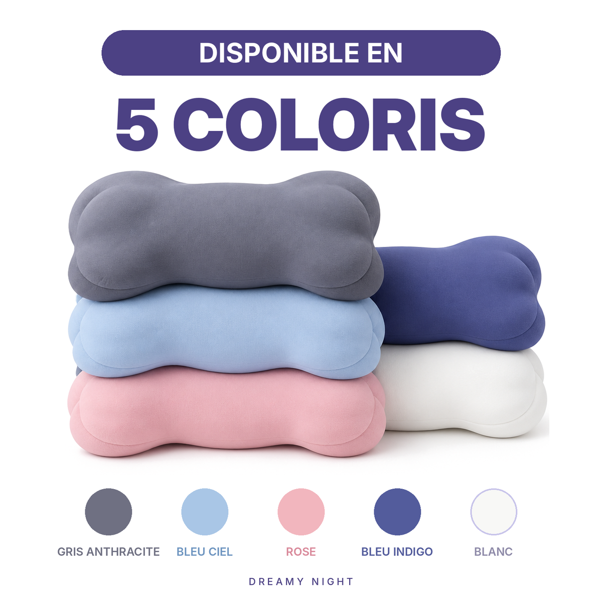 Oreiller DREAMY NIGHT disponible en 5 coloris : gris anthracite, bleu ciel, rose, bleu indigo, blanc